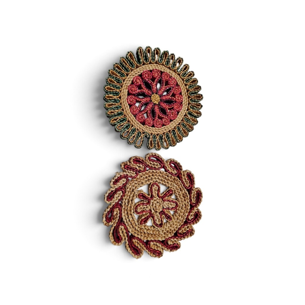 Vintage Woven Raffia Trivets Set of 2 Boho Straw Hot Pads Floral Sunburst 0425